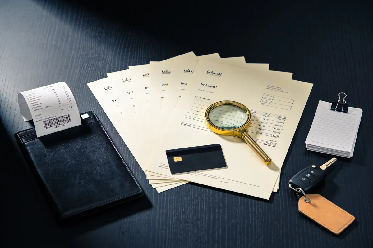 Supplier invoices, a corporate card, a car key and insurance paperwork laid out on a dark office desk