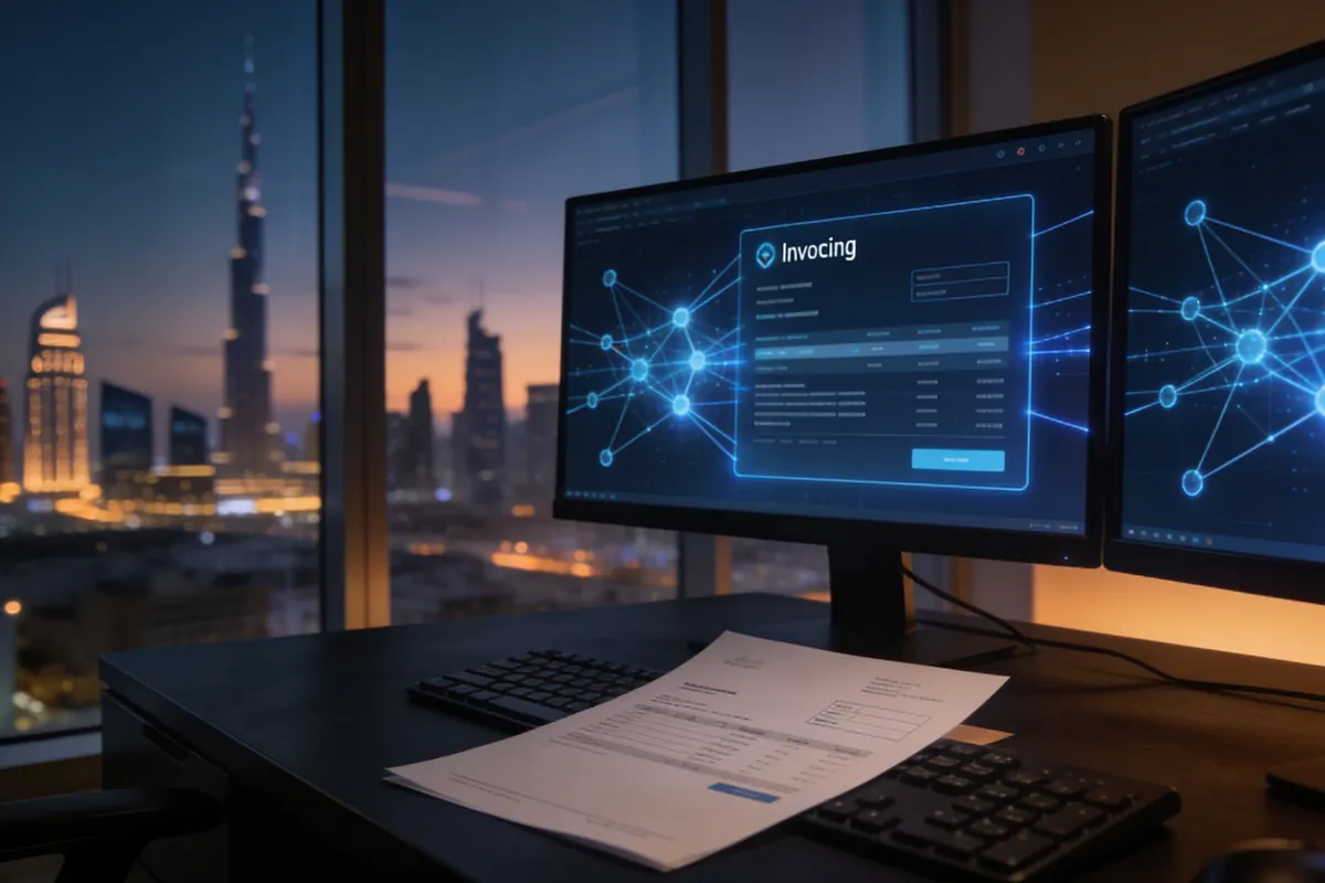 An invoice being transmitted electronically between two businesses on a screen in a Dubai office