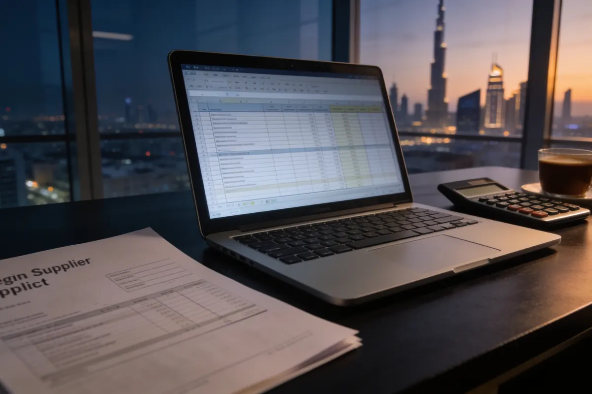 A finance manager reviewing a foreign supplier invoice against a VAT return in a Dubai office
