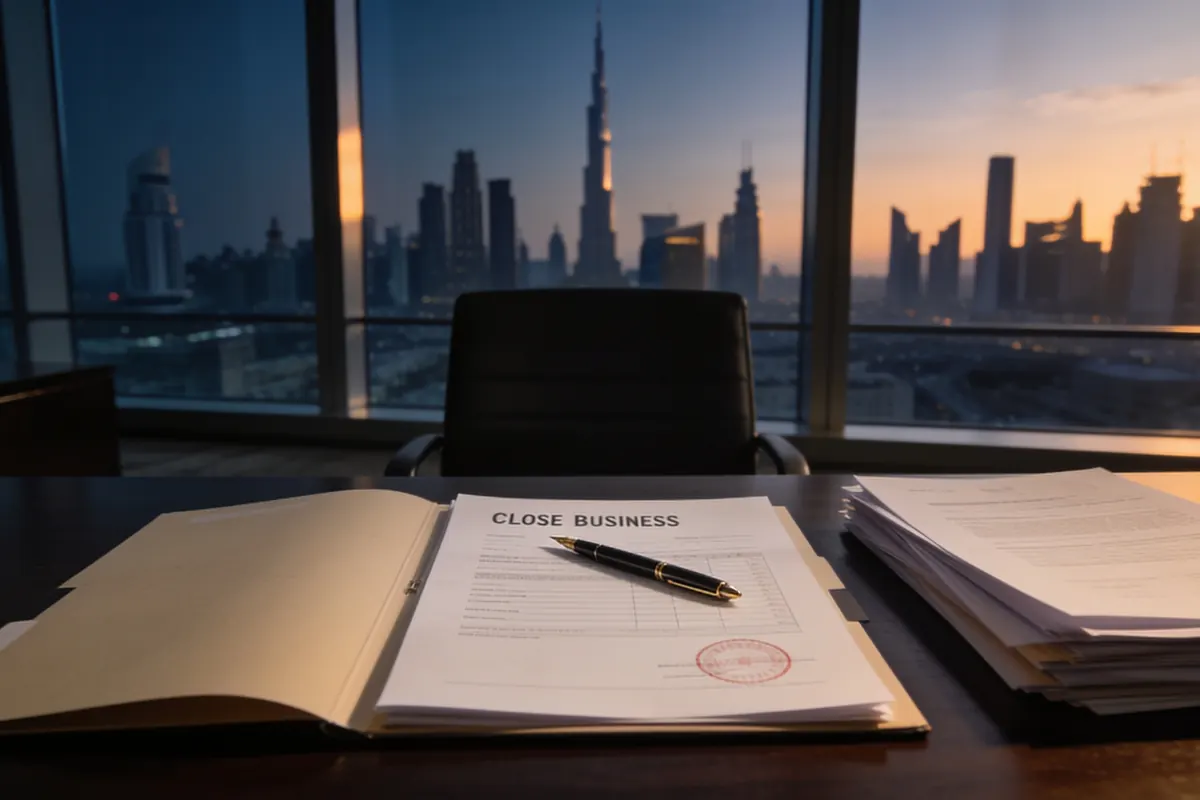 A closing business file and final VAT paperwork on a desk in a Dubai office