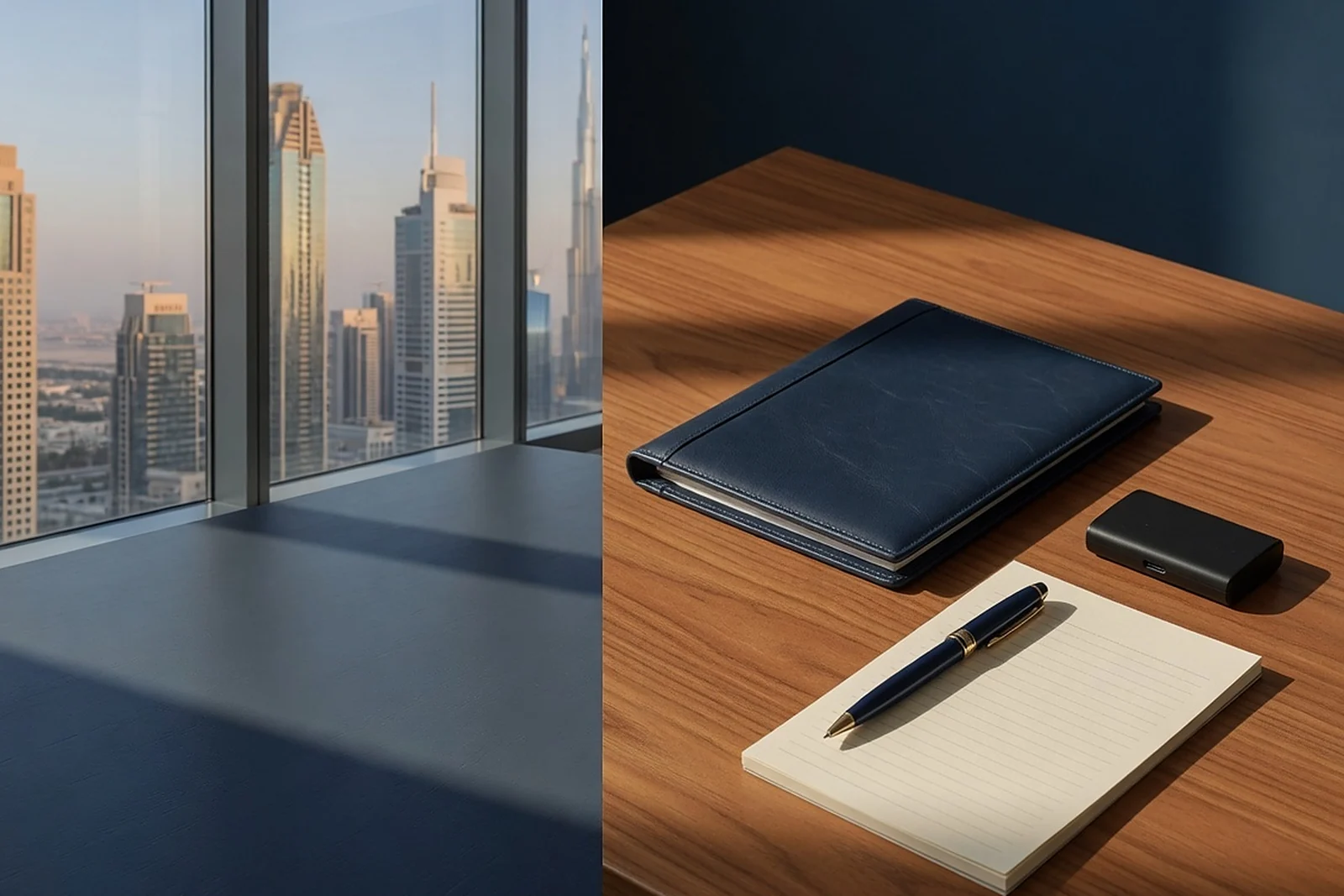 Navy leather folder, unmarked black device, fountain pen and blank notepad on a teak desk, empty navy surface on the left, Dubai towers through the window