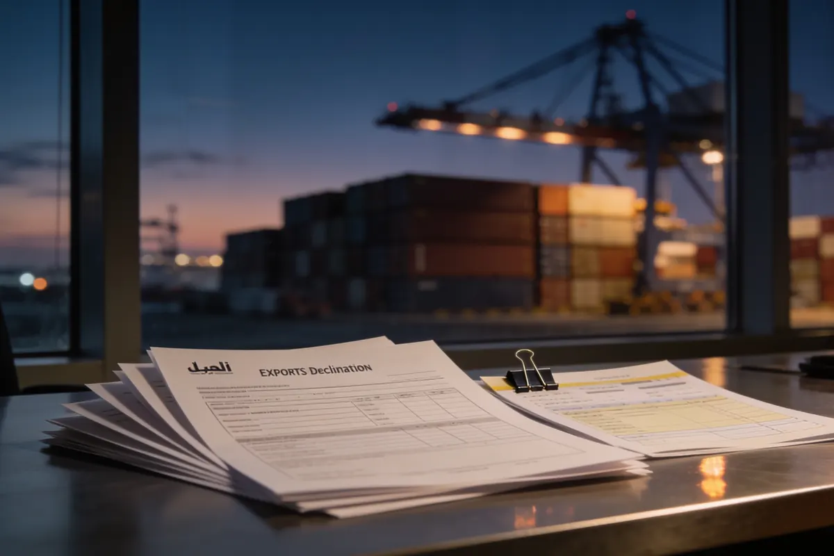 Export documentation and a customs declaration beside shipping paperwork at a UAE port office