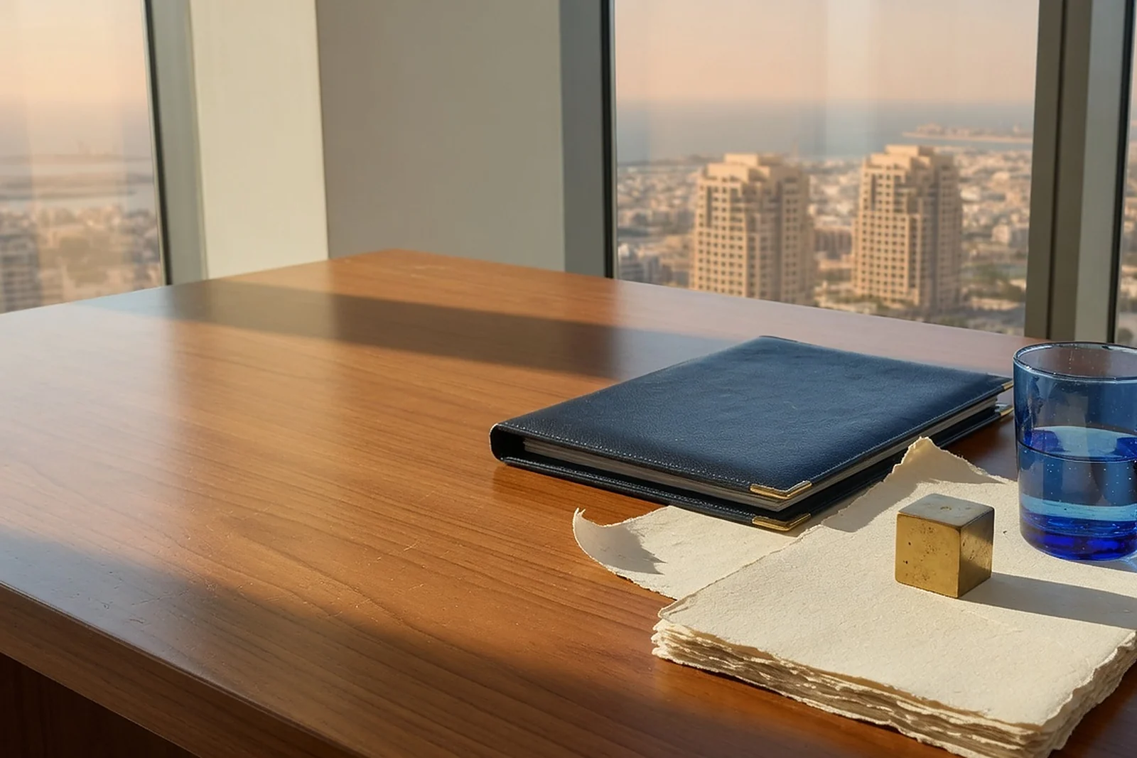 A navy leather folder, blank cream paper, a brass cube and a blue glass on a teak desk, Dubai coastline in late daylight
