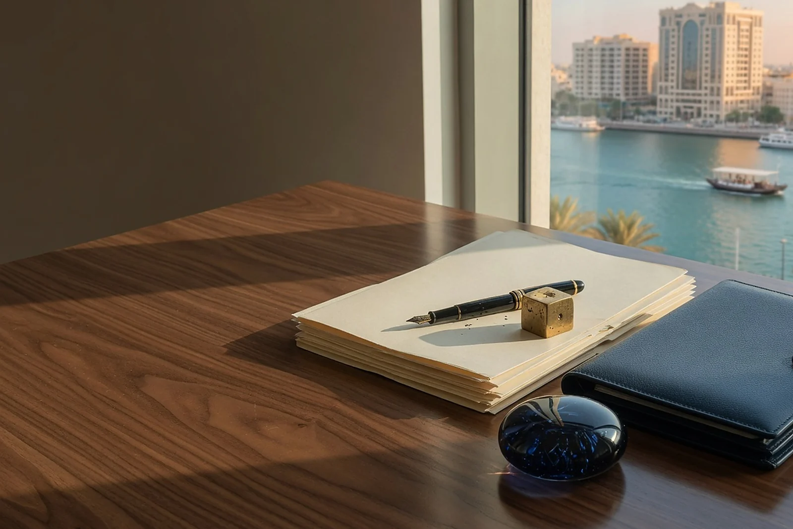 Cream papers, a fountain pen, a brass cube and a navy leather wallet on a walnut desk, Dubai creek through the window