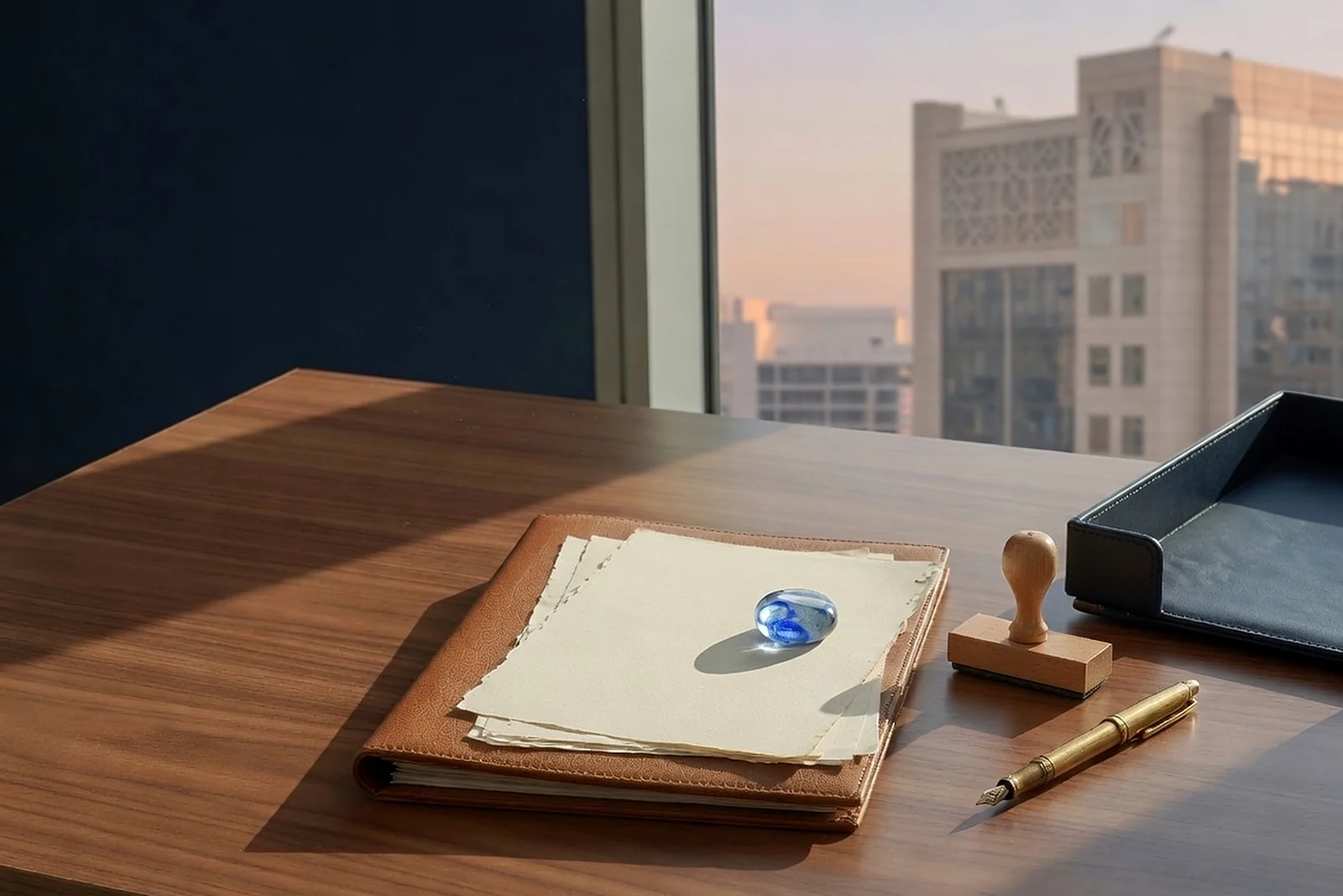 A closed tan leather folder, blank cream papers, a wooden stamp and an empty navy tray on a walnut desk, left side clear, Dubai towers through the window