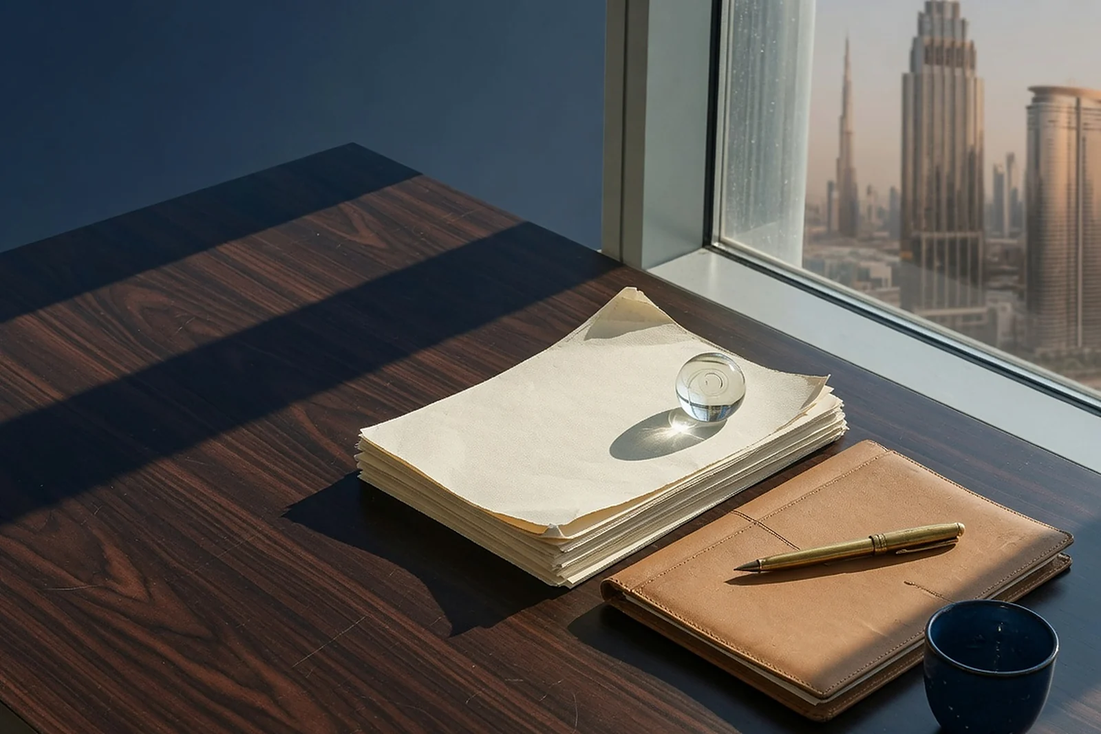 Cream papers, a tan leather folder, brass pen and blue cup on a walnut desk, empty wood on the left, Dubai towers through the window
