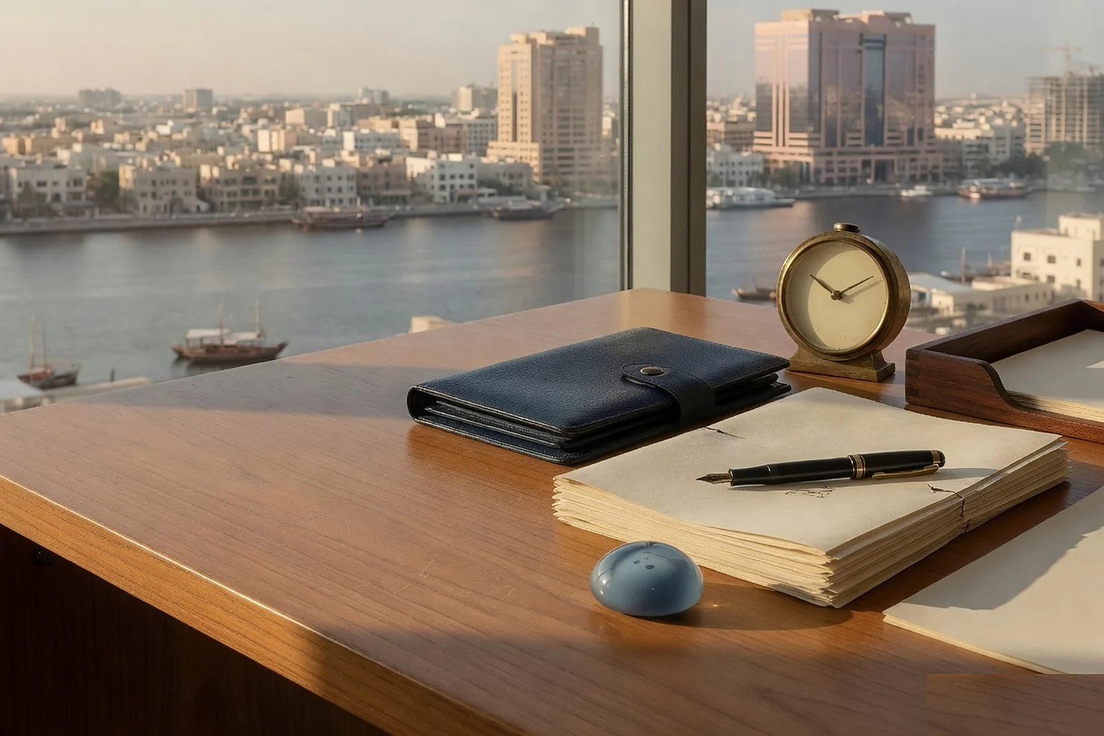 Navy leather wallet, blank papers, brass clock and blue glass weight on a teak desk, empty wood on the left, Dubai creek and dhows through the window