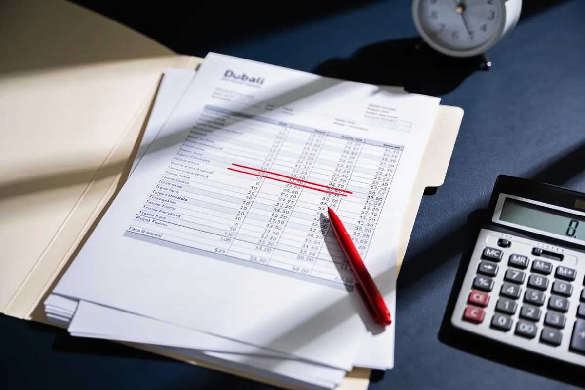 A printed financial statement with a figure struck through in red pen beside an amended copy and an archive folder