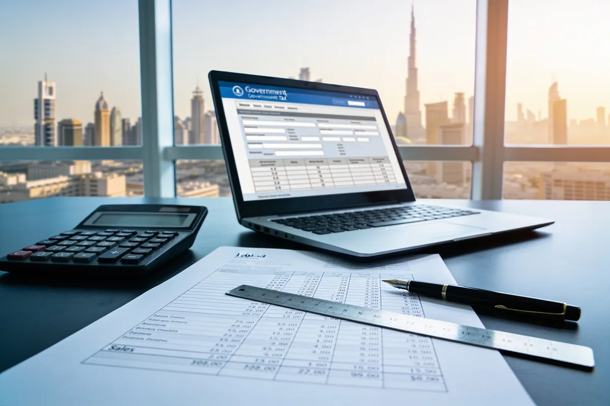 A laptop showing a tax return form beside a printed sales ledger and calculator in a Dubai office