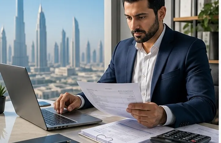 Reconciled VAT return working papers on a Dubai office desk